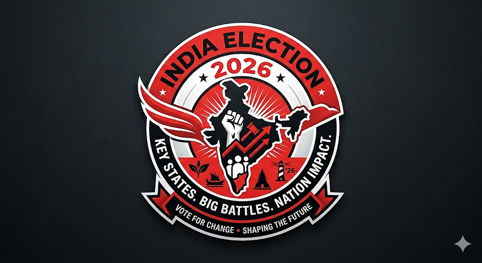 Badge with "India Election 2026," shows a fist in India map, red and black theme. Text: "Key States. Big Battles. Nation Impact."