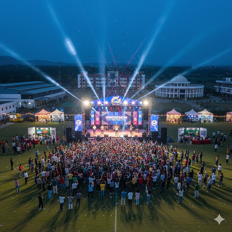 Outdoor concert with a large crowd at dusk. Stage with "INNOVISION" lit up, colorful lights, and tents in the background. Festive atmosphere.