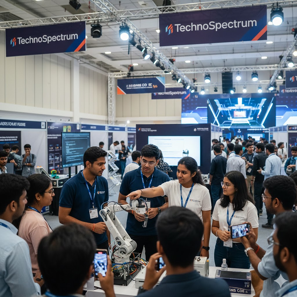 People gathered around a robotic arm demonstration at TechnoSpectrum event. Participants, wearing badges, observe and record. Blue themed setup.