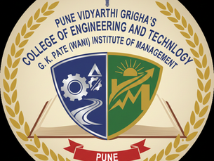 Emblem of Pune Vidyarthi Griha's College with a torch, laurel wreath, and book. Includes gear, road, sun, and arrow symbols. Text: Pune.