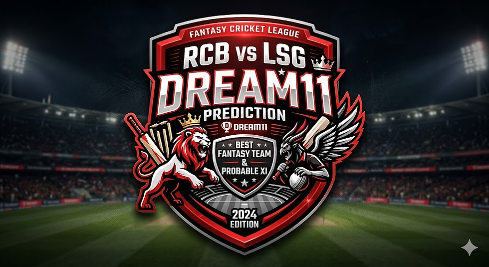 Fantasy Cricket League promo featuring "RCB vs LSG" and "Dream11 Prediction" text. Includes lion and winged creature graphics in stadium.