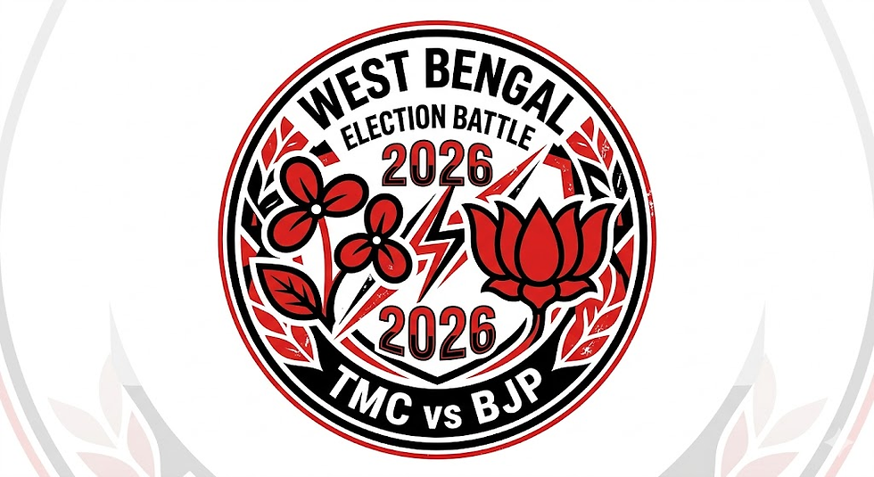 Red and black circular logo for "West Bengal Election Battle 2026." Features a flower and lotus graphic with "TMC vs BJP" text.