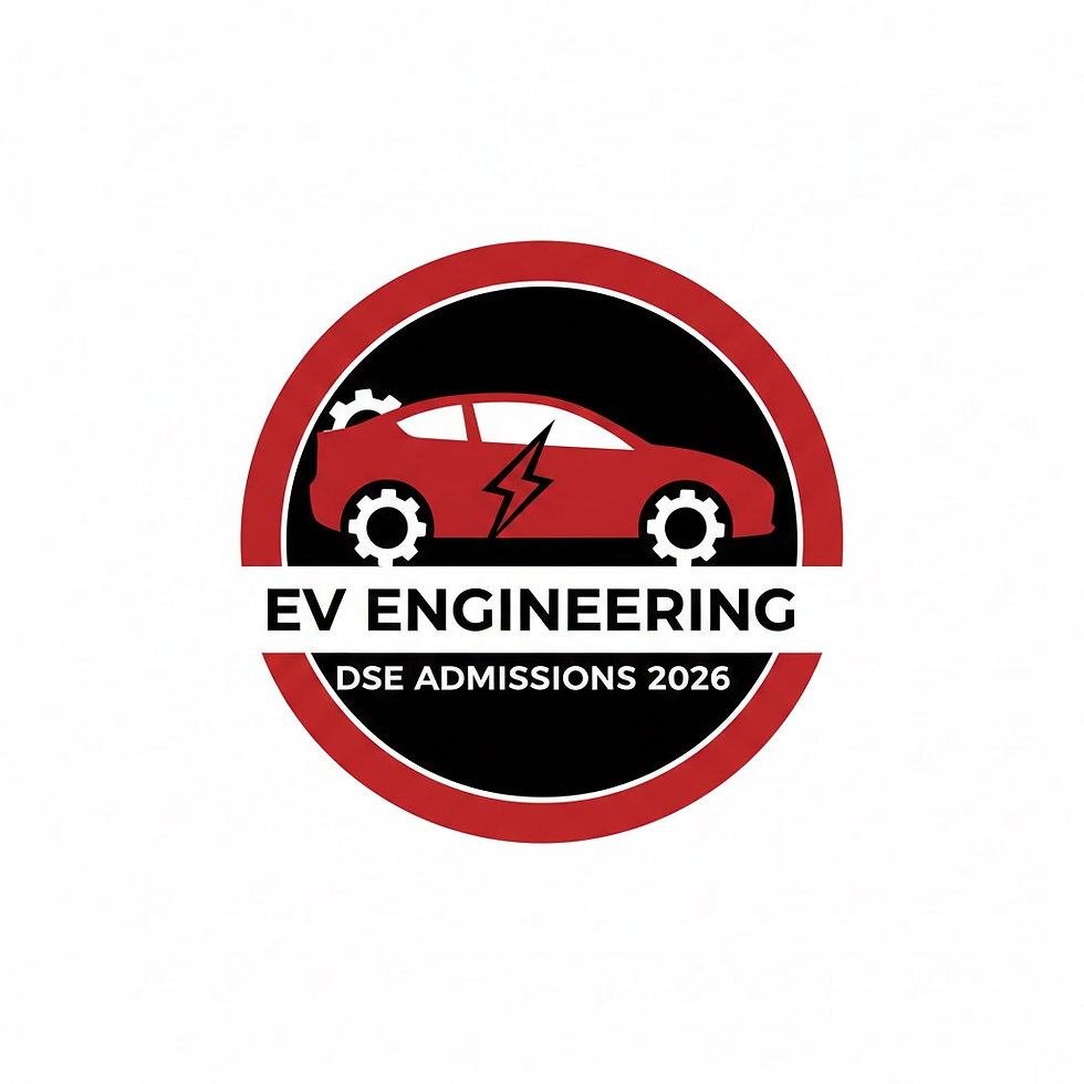 Red car emblem with gears and a lightning bolt, encircled. Text: "EV Engineering" and "DSE Admissions 2026" on a black background.