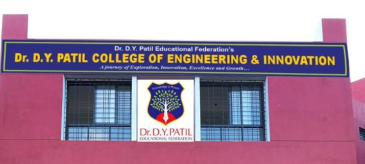 Red building with a sign reading "Dr. D.Y. Patil College of Engineering & Innovation." Blue and yellow colors, window bars visible.