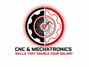 Gear and circuit split logo in black and red. Text below reads "CNC & Mechatronics Skills that Double Your Salary" on a white background.