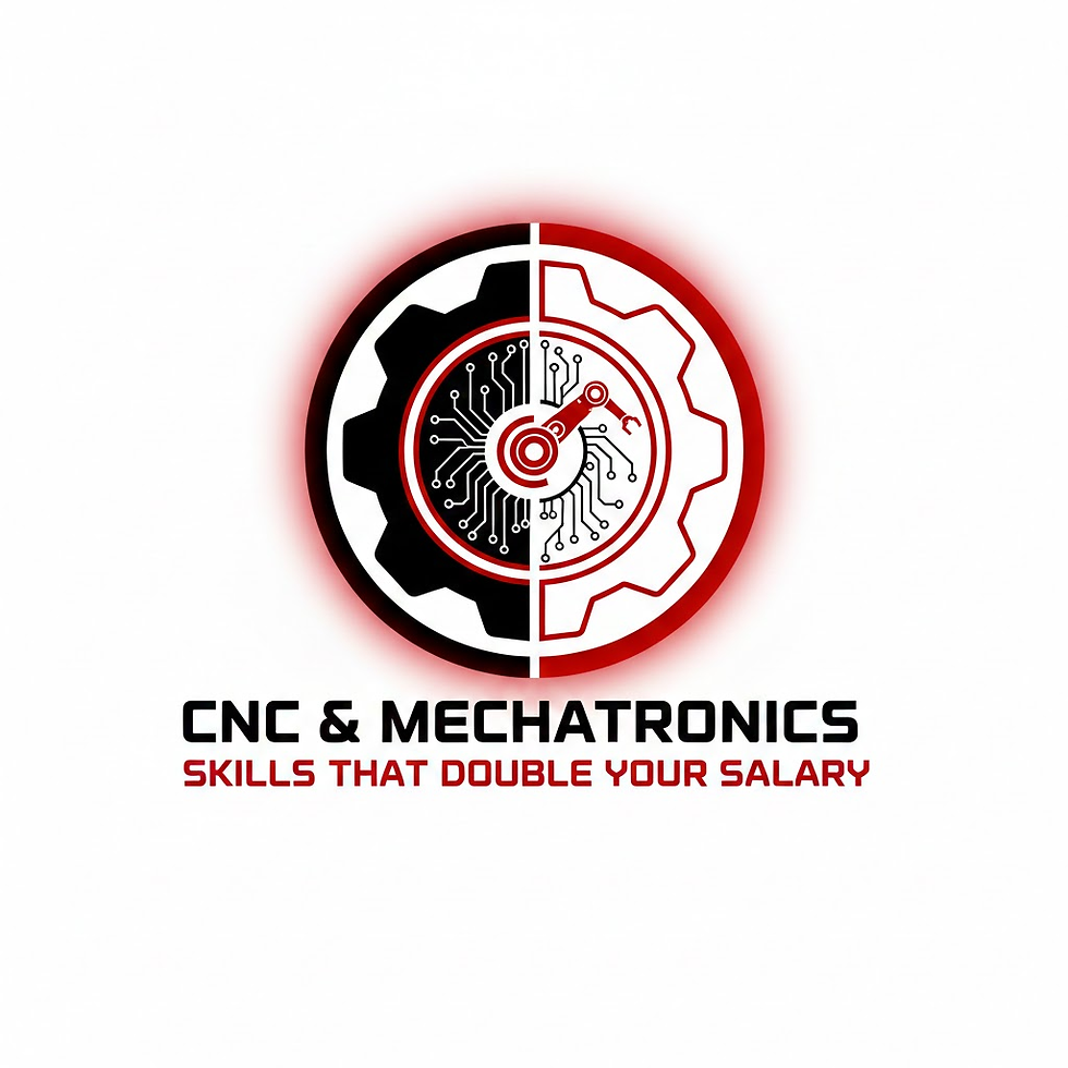 Gear and circuit split logo in black and red. Text below reads "CNC & Mechatronics Skills that Double Your Salary" on a white background.