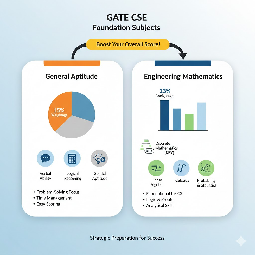 GATE CSE chart shows General Aptitude and Engineering Mathematics. Includes pie and bar charts, icons, and text on skills and focus areas.