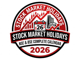 Stock market holidays logo for 2026 with a red and black color scheme. Includes text: Stock Market Holidays, NSE & BSE Complete Calendar.
