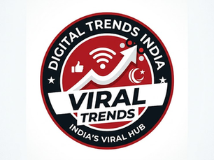 Circular logo with "Digital Trends India" at top, "Viral Trends" across a rising arrow, and "India's Viral Hub" below. Red, black, and white colors.