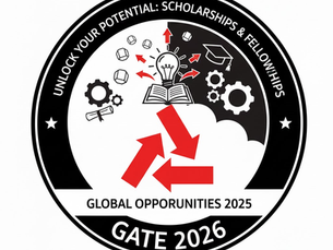 Badge with text "Unlock Your Potential: Scholarships & Fellowships," gears, arrows, lightbulb, book, and "Global Opportunities 2025 GATE 2026."