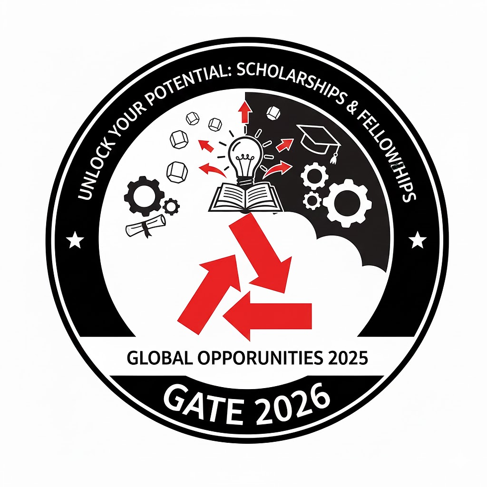 Badge with text "Unlock Your Potential: Scholarships & Fellowships," gears, arrows, lightbulb, book, and "Global Opportunities 2025 GATE 2026."