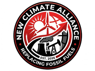 Circular logo for "New Climate Alliance: Replacing Fossil Fuels," featuring wind turbine, sun, and industrial imagery. Established 2026.