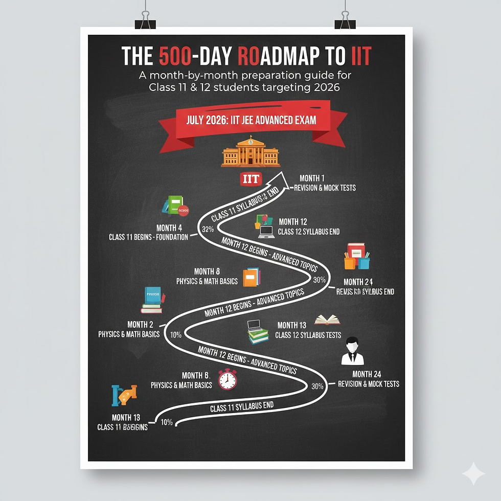 Flowchart poster titled "The 500-Day Roadmap to IIT" outlines a month-by-month study plan leading to the July 2026 IIT JEE exam.