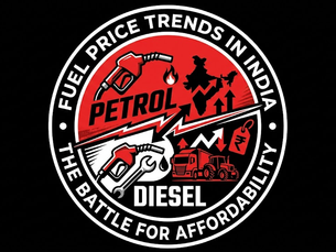 Red and black emblem with fuel pumps, trucks, and the India map. Text: Fuel Price Trends in India; Petrol Diesel; The Battle for Affordability.
