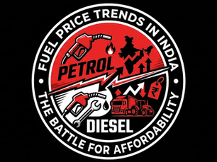 Red and black emblem with fuel pumps, trucks, and the India map. Text: Fuel Price Trends in India; Petrol Diesel; The Battle for Affordability.