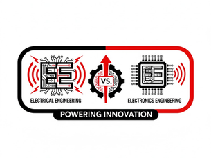 Electrical vs. Electronics Engineering infographic with circuit designs. Text: Powering Innovation. Red and black theme.