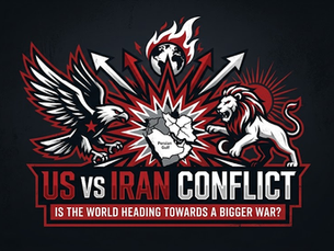 Eagle and lion face off over a map labeled "Persian Gulf" with arrows, flames, and "US vs Iran Conflict" text, suggesting tension.