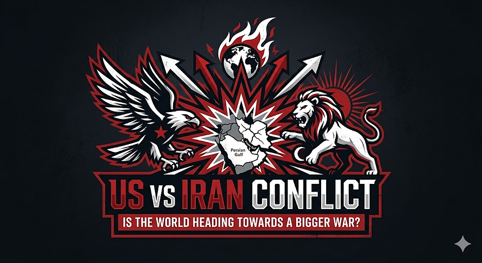 Eagle and lion face off over a map labeled "Persian Gulf" with arrows, flames, and "US vs Iran Conflict" text, suggesting tension.