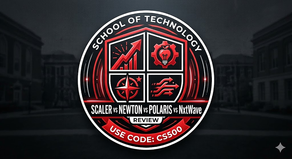 Technology emblem with red graphics: chart, gear, compass, arrows. Text: "School of Technology," "Scaler vs Newton vs Polaris vs NxtWave." Use code: CS500.