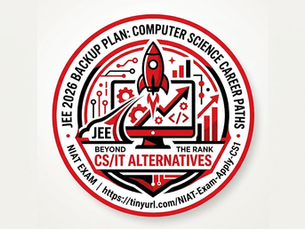 Red and black circular logo with a rocket, computer, and gears. Text: "JEE 2026 Backup Plan," "CS/IT Alternatives," and "NIAT Exam."