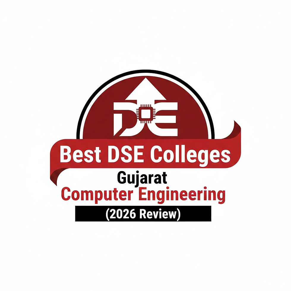 Red and white badge with "Best DSE Colleges Gujarat Computer Engineering (2026 Review)." Features an arrow pointing up, symbolizing growth.