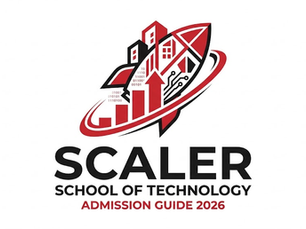 Logo of Scaler School of Technology with a rocket and binary code. Text reads Admission Guide 2026. Red and black design.