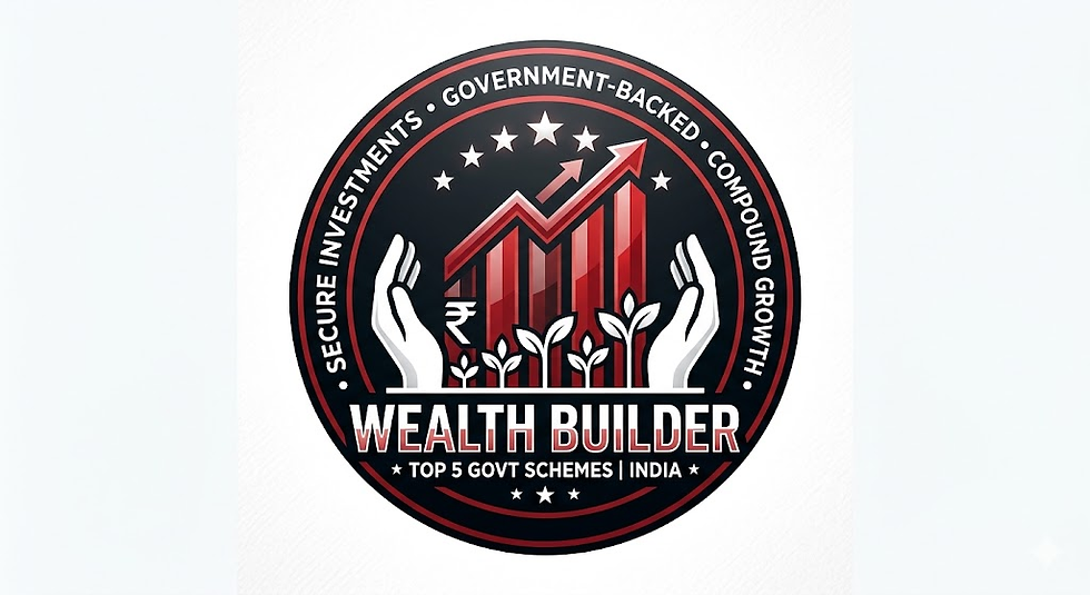 Circular emblem with red graph, arrows, hands, and plants. Text: Wealth Builder, Secure Investments. Black and red theme.