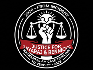 A black and white emblem with a raised fist holding scales, sunburst background. Text: Justice for Jayaraj & Bennicks, Sathankulam case timeline.
