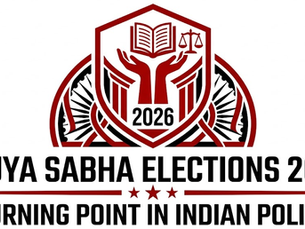 Rajya Sabha Elections 2026 logo with hands, book, scales, and Indian flag motif. Text: A Turning Point in Indian Politics.