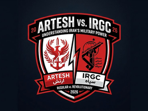 Split shield logo showing ARTESH and IRGC emblems with text: "Understanding Iran's Military Power, Regular vs. Revolutionary, 2026."