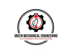 Logo of a gear with a leaf and red arrow inside, symbolizing eco-friendly engineering. Text: "Green Mechanical Engineering, Sustainable Machine Design."