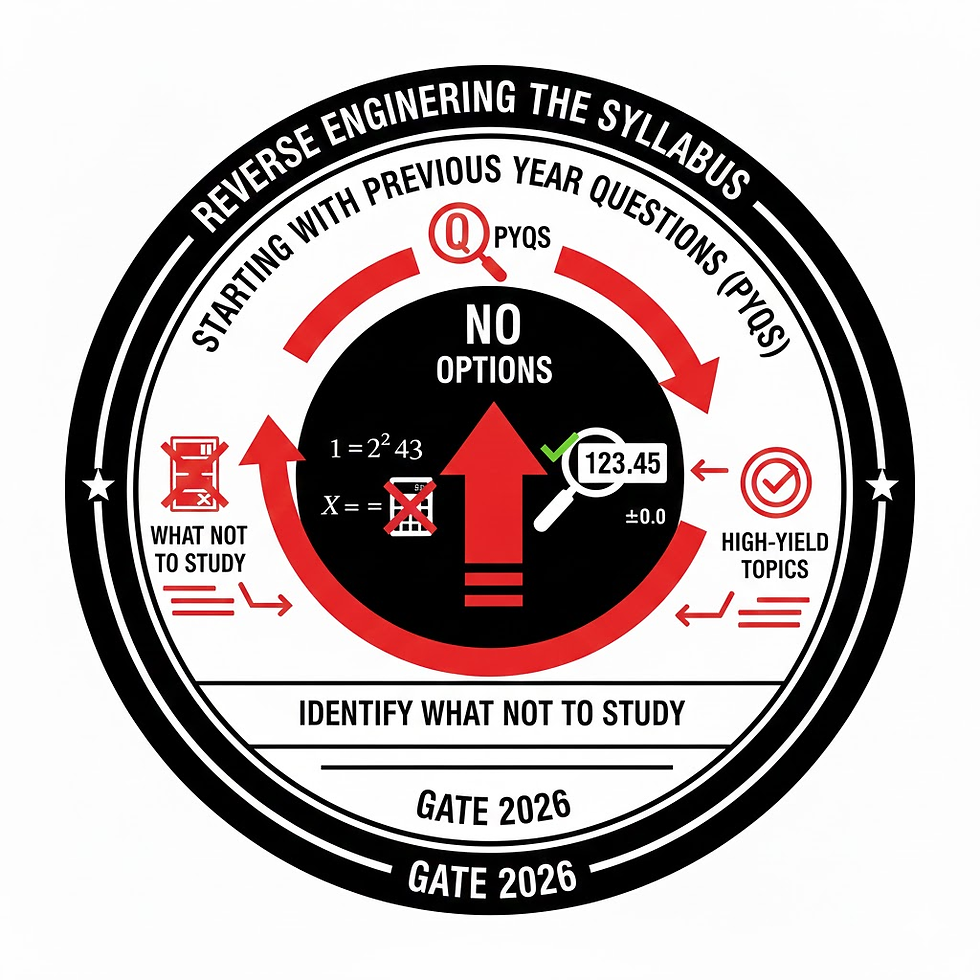 Infographic titled "Reverse Engineering the Syllabus" for GATE 2026. Shows strategies: focus on PYQs, high-yield topics, and excluding non-essential content.