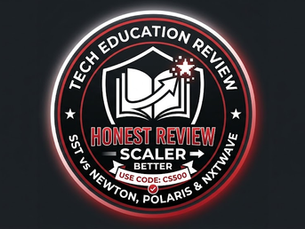 Circular logo with "Tech Education Review," featuring a book icon. Text: "Honest Review, SCALER, Use Code: CS500," on a black background.