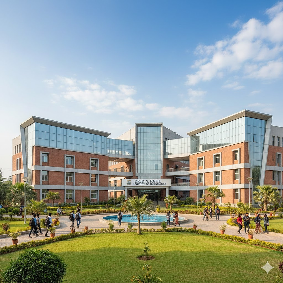 Modern building of Dr. D.Y. Patil Institute of Technology with red brick and glass facade, surrounded by greenery. People walk on pathways.