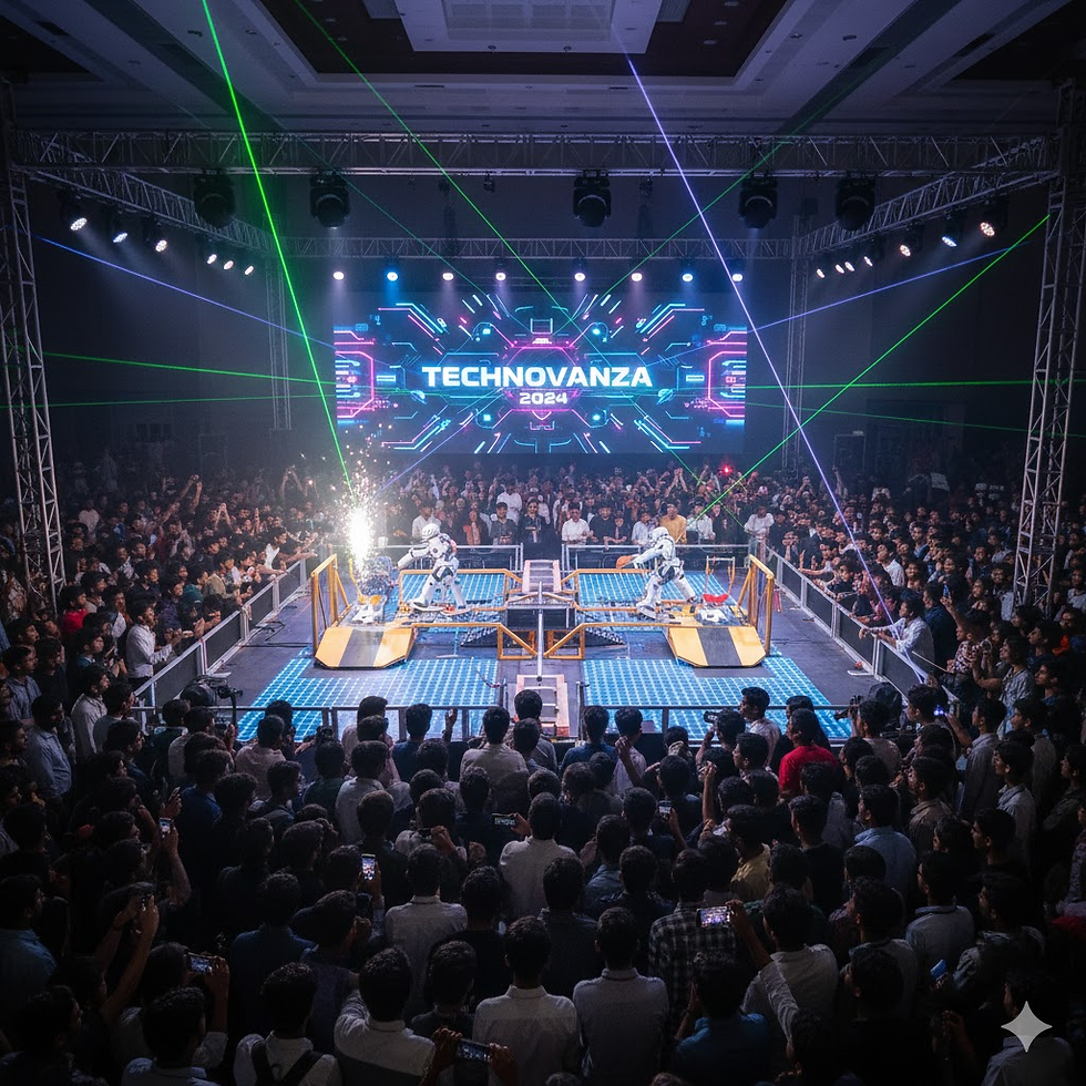 Crowd watches two robots on stage at Technovanza 2024. Colorful lasers and digital screens add excitement to the tech event.