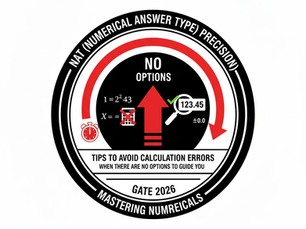 Circular diagram on NAT precision, featuring "No Options," equations, red and black arrows, clock icon, magnifying glass, and GATE 2026 text.