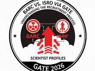 BARC vs. ISRO recruitment process logo, featuring red arrows and symbols with text: GATE 2026, Scientist Profiles. Black and white theme.