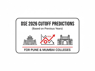 DSE 2026 cutoff predictions for Pune & Mumbai colleges, featuring historical buildings and a red line graph with an upward arrow.