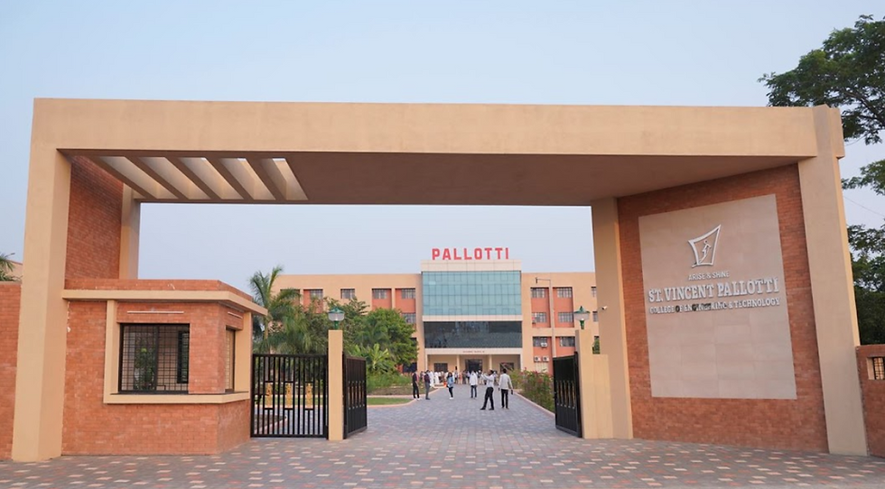 Main entrance of St. Vincent Pallotti College with brick walls. Students walk on a paved path. Building in the background labeled "PALLOTTI."