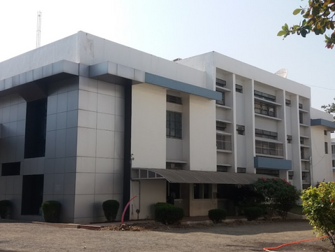 Modern white and gray building with large windows, trees, and bushes in front. A person walks on the path under a clear sky.