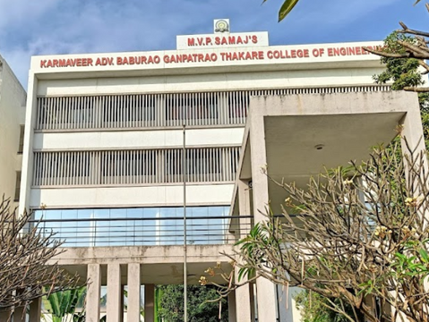 The image shows a modern college building with the sign "Karmaveer Adv. Baburao Ganpatrao Thakare College of Engineering." Trees frame the entrance.