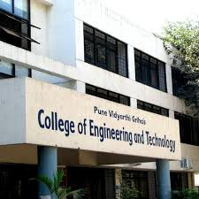 Building facade with the text "Pune Vidyarthi Griha's College of Engineering and Technology." White walls, large windows, and trees.