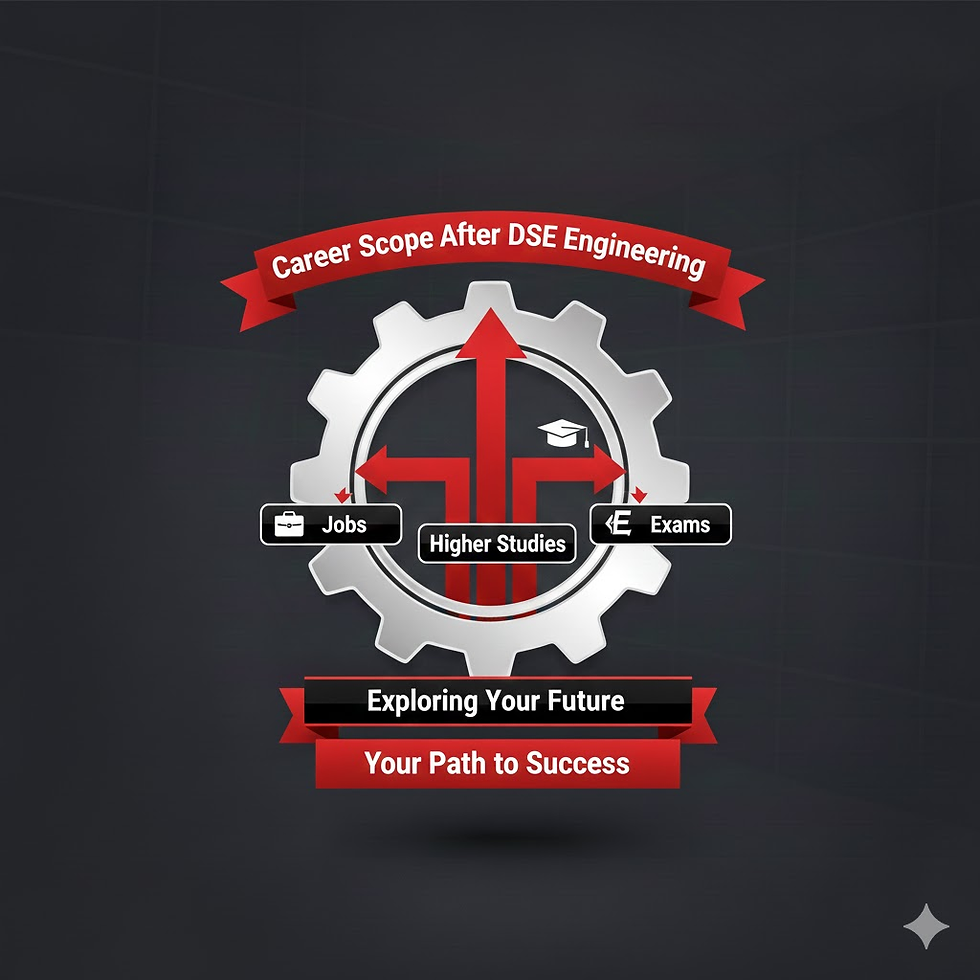 Cog with red arrows, text: "Career Scope After DSE Engineering," "Jobs," "Higher Studies," "Exams." Ribbons: "Exploring Your Future," "Your Path to Success." Dark background.