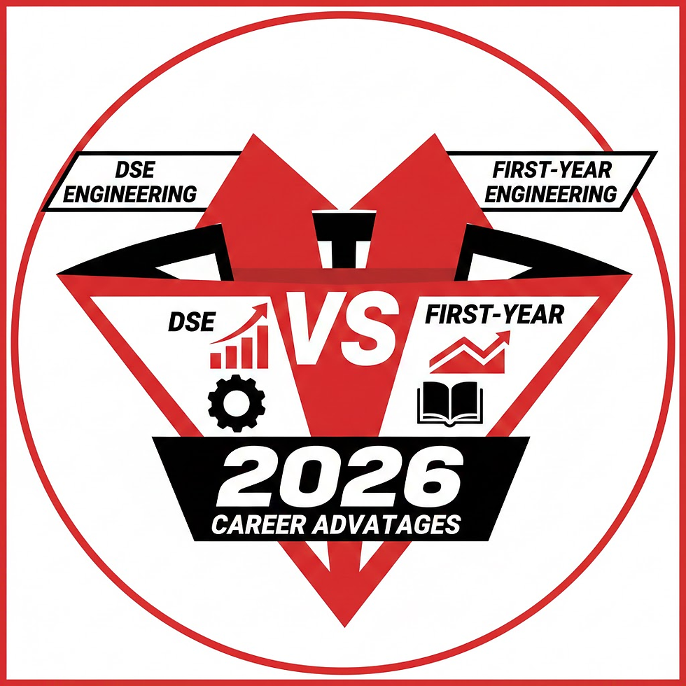 Red graphic with "DSE vs First-Year" text, symbols of growth charts and gear. "2026 Career Advantages" in bold, emphasizing competition.