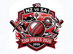 Red and black T20I Series 2026 logo with a kiwi, cricket ball, and a springbok. Text reads "NZ vs SA." Flames and stylized scenery background.