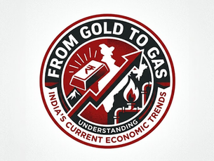 Circular emblem with "FROM GOLD TO GAS" text. Features a rupee sign, India map, red arrow, and gas flame. Text reads "INDIA'S CURRENT ECONOMIC TRENDS."