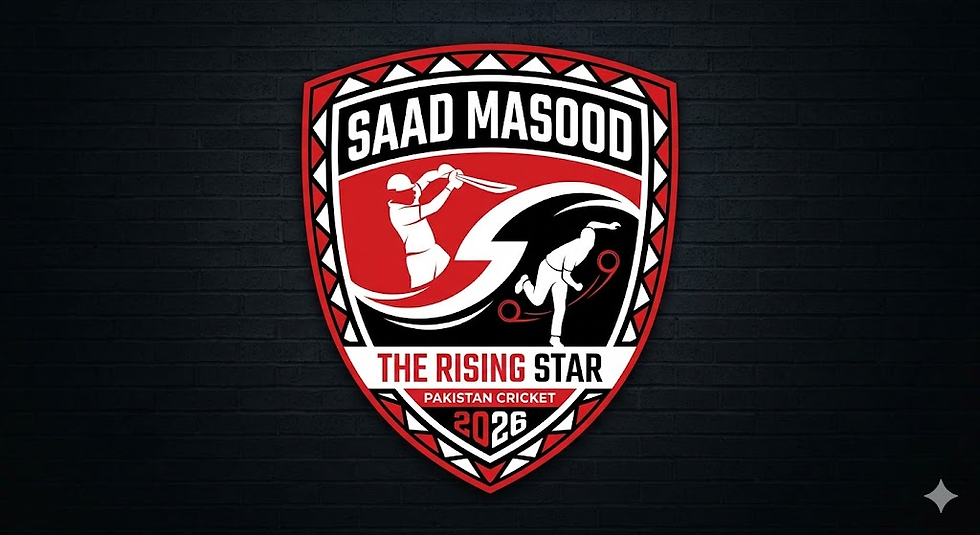 Red and black cricket-themed shield logo with a batter and bowler. Text: "SAAD MASOOD, THE RISING STAR, PAKISTAN CRICKET 2026".