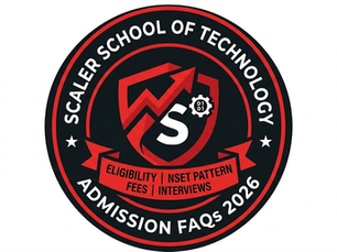 Black and red circular logo of Scaler School of Technology with text on admission FAQs 2026, eligibility, and fees. Arrow and gear design.