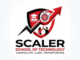 Logo for Scaler School of Technology, featuring a red shield with icons and two figures high-fiving. Text reads: Campus Life, Labs, Opportunities.