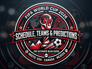 FIFA World Cup 2026 emblem featuring text "Schedule, Teams & Predictions" with red, black, and white colors. Hosts: USA, Canada, Mexico.